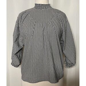 Zara Basic Black & White Gingham Check Pullover Top Sz S Smocked Detail
